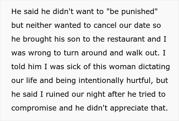 Text detailing a man bringing his son on a date due to an ex's demands, causing frustration for his girlfriend. Text detailing a man bringing his son on a date due to an ex's demands, causing frustration for his girlfriend.