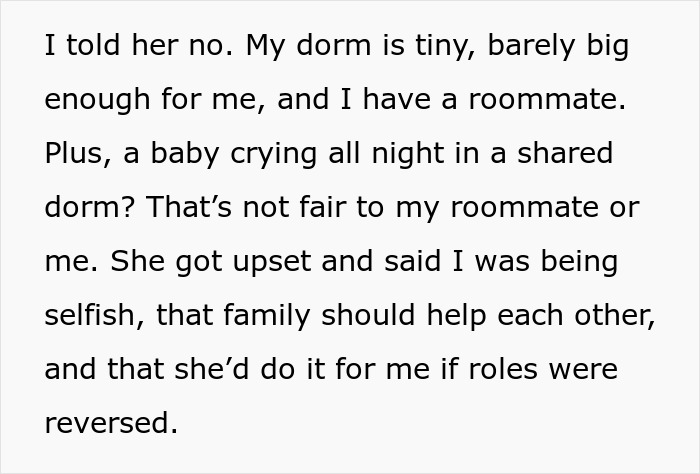 Text discussing college dorm room challenges with a sister and her baby. Text discussing college dorm room challenges with a sister and her baby.