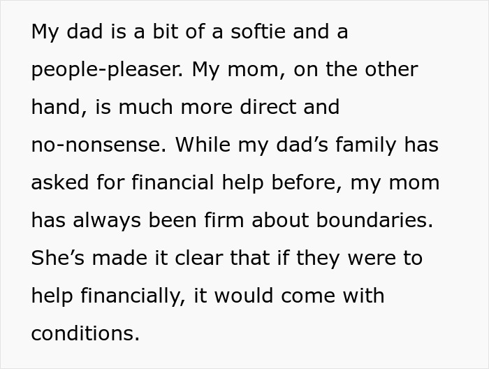 Text about firm boundaries in family financial help; dad is a people-pleaser, mom is direct. Text about firm boundaries in family financial help; dad is a people-pleaser, mom is direct.