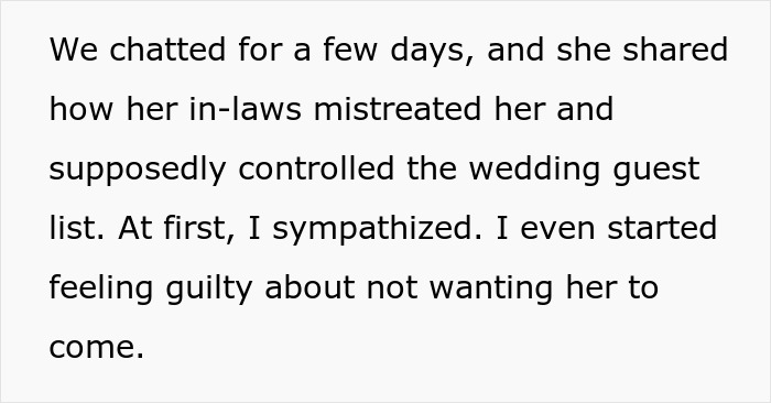 Text about wedding guest list control by in-laws, leading to family tensions. Text about wedding guest list control by in-laws, leading to family tensions.