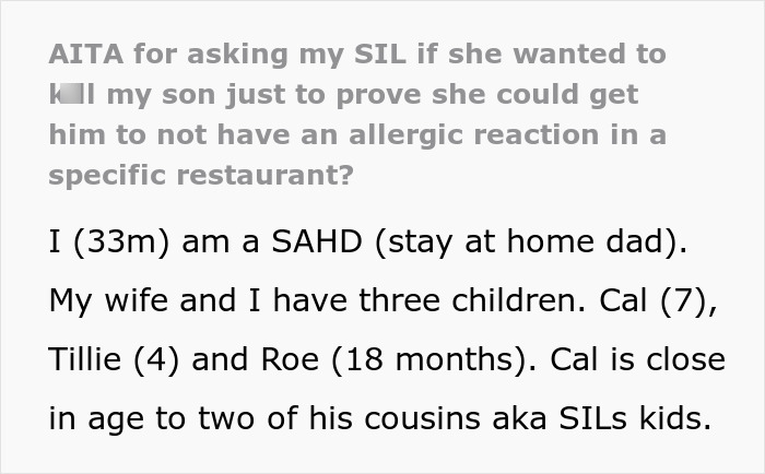 Text discussing a family's concern over a SIL disregarding a 7-year-old's allergies, leading to a confrontation with the dad. Text discussing a family's concern over a SIL disregarding a 7-year-old's allergies, leading to a confrontation with the dad.