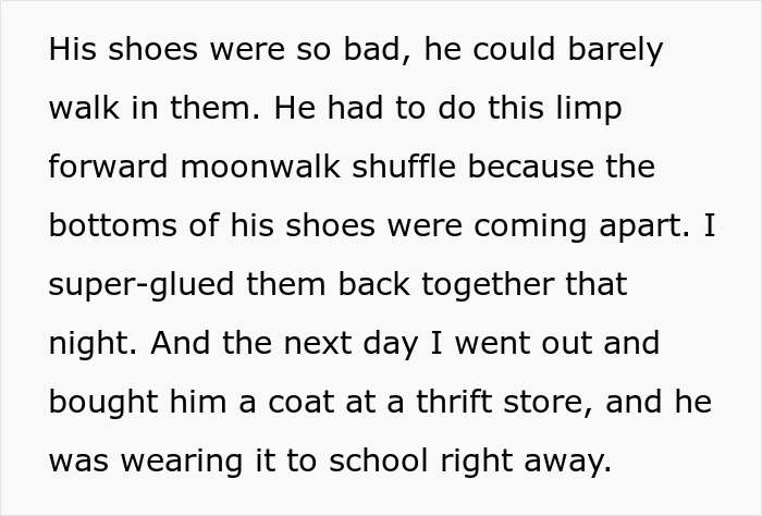 Text about struggling with worn shoes, thrift shopping for a coat, related to custody and care of three kids. Text about struggling with worn shoes, thrift shopping for a coat, related to custody and care of three kids.