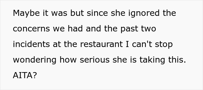 Text questioning SIL's attitude towards disregarding a child's allergies during past restaurant incidents. Text questioning SIL's attitude towards disregarding a child's allergies during past restaurant incidents.