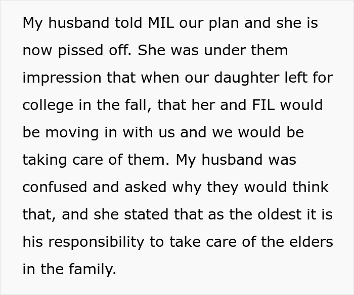 Text discussing MIL's expectation to live with son's family for care; husband surprised by obligation to care for elders. Text discussing MIL's expectation to live with son's family for care; husband surprised by obligation to care for elders.