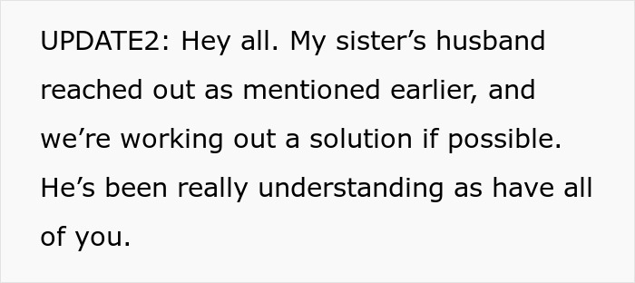 Family drama resolved as woman's sister's husband seeks solution after $2,000 damages. Text update shown. Family drama resolved as woman's sister's husband seeks solution after $2,000 damages. Text update shown.