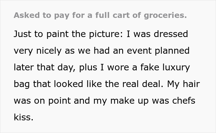 Man asks a stranger to pay for his groceries while loading up a full cart in a busy supermarket aisle.
