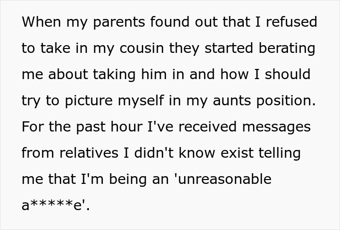Text message about family pressure on cousin care, including harsh reactions from extended relatives. Text message about family pressure on cousin care, including harsh reactions from extended relatives.