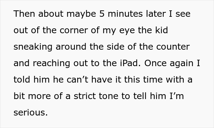 Text describing a child reaching for an iPad, reflecting an entitled mom's lack of control in a bowling alley setting. Text describing a child reaching for an iPad, reflecting an entitled mom's lack of control in a bowling alley setting.