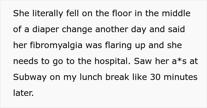Text conversation about a colleague claiming various diseases, witnessed acting normally later. Text conversation about a colleague claiming various diseases, witnessed acting normally later.