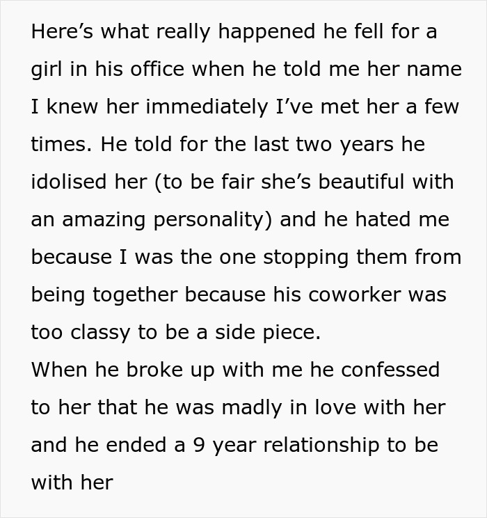 Text paragraph about a woman dumped after 9 years, with her ex confessing his love for a coworker. Text paragraph about a woman dumped after 9 years, with her ex confessing his love for a coworker.
