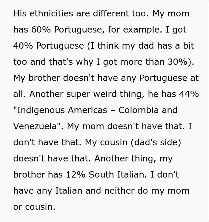 Text image showing surprising family DNA results with unexpected ancestry details. Text image showing surprising family DNA results with unexpected ancestry details.