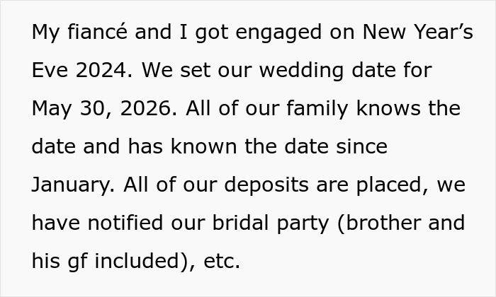 Text discusses wedding planning details for a couple with conflicting sibling schedules on May 30, 2026. Text discusses wedding planning details for a couple with conflicting sibling schedules on May 30, 2026.
