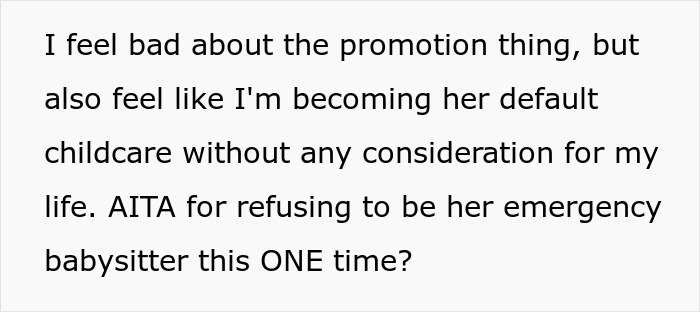 Text about feeling bad for refusing to babysit sister’s kids and balancing work and dinner plans. Text about feeling bad for refusing to babysit sister’s kids and balancing work and dinner plans.