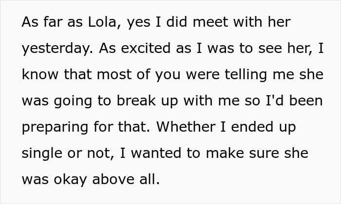 Text excerpt discussing a man meeting Lola, amid family wanting him to dump girlfriend after a prank incident. Text excerpt discussing a man meeting Lola, amid family wanting him to dump girlfriend after a prank incident.