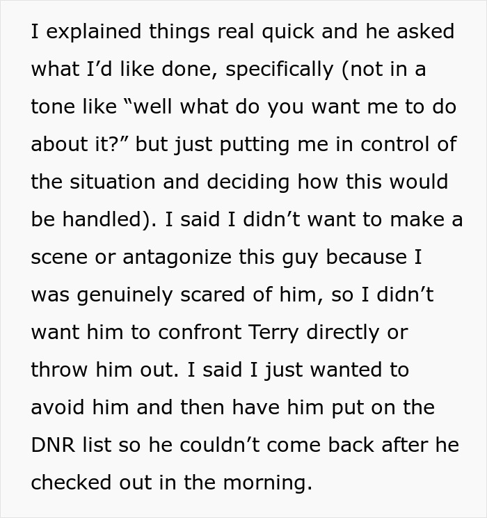 Text describing a woman's clever escape plan after panicking over a delusional client's advances. Text describing a woman's clever escape plan after panicking over a delusional client's advances.