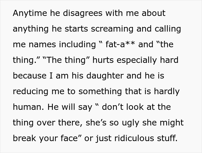 Text describes a woman recalling her father's cruel insults, reducing her to something "hardly human. Text describes a woman recalling her father's cruel insults, reducing her to something "hardly human.