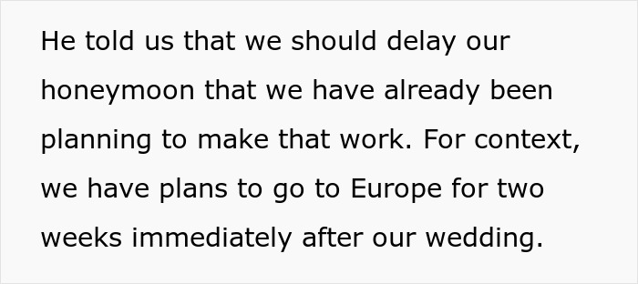 Text exchange about siblings clash over wedding plans and postponing the honeymoon for cost-saving. Text exchange about siblings clash over wedding plans and postponing the honeymoon for cost-saving.