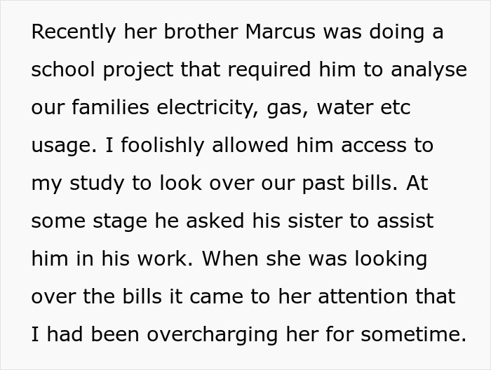 Text discussing stepdaughter discovering overcharged rent from past bills. Text discussing stepdaughter discovering overcharged rent from past bills.