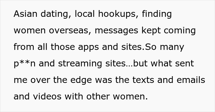 Texts reveal dating sites and videos, causing relationship tension. Texts reveal dating sites and videos, causing relationship tension.