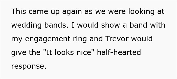 Text about an upset man, discussing wedding bands and engagement ring, shows lack of enthusiasm. Text about an upset man, discussing wedding bands and engagement ring, shows lack of enthusiasm.