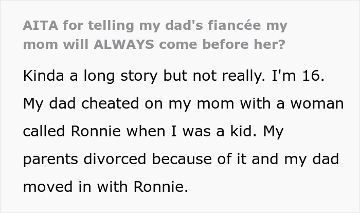 Text from a story where a daughter expresses loyalty to her mom over her dad's fiancée. Text from a story where a daughter expresses loyalty to her mom over her dad's fiancée.