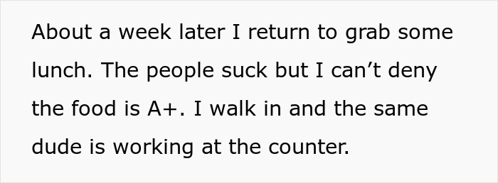 Text recounting restaurant customer experience with employee at counter. Text recounting restaurant customer experience with employee at counter.