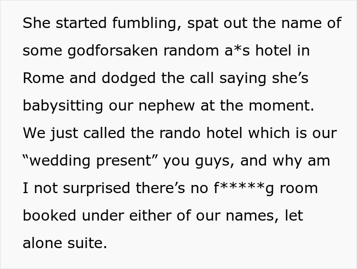 Text message detailing MIL's canceled honeymoon plan, falsely claiming a hotel booking. Text message detailing MIL's canceled honeymoon plan, falsely claiming a hotel booking.