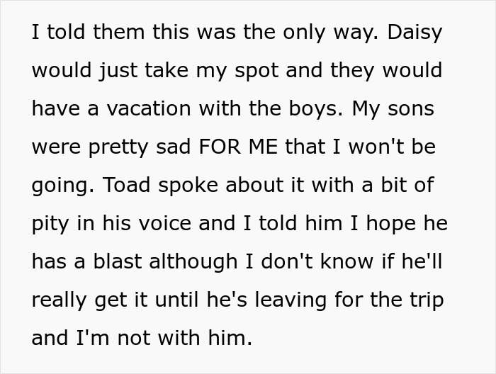 Text about MIL stealing vacation spot, person explains why they're happy despite not going on the trip. Text about MIL stealing vacation spot, person explains why they're happy despite not going on the trip.