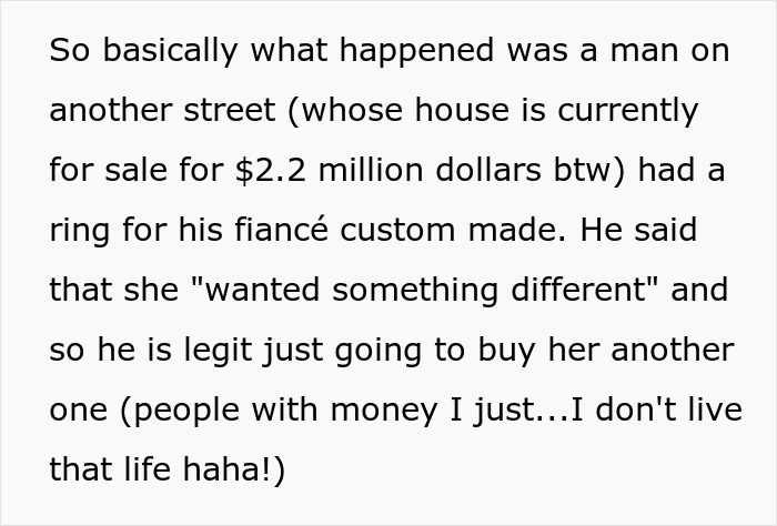 Text excerpt about millionaire neighbor's fiancée wanting something different and receiving a pricey $400 ring. Text excerpt about millionaire neighbor's fiancée wanting something different and receiving a pricey $400 ring.