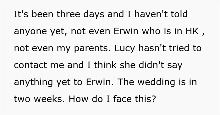 Text reveals bride's dilemma about fiancé and friend’s bet, with wedding in two weeks, unsure how to proceed. Text reveals bride's dilemma about fiancé and friend’s bet, with wedding in two weeks, unsure how to proceed.