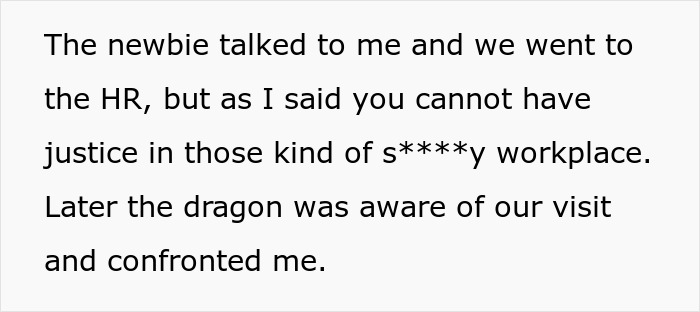 Text about workplace harassment, mentioning HR and confrontation with a challenging manager. Text about workplace harassment, mentioning HR and confrontation with a challenging manager.