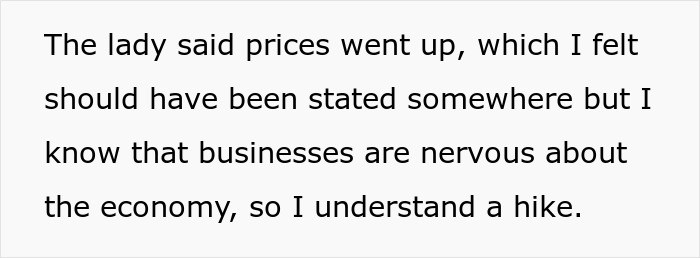 Text discussing a woman's response to rising salon prices amidst economic concerns. Text discussing a woman's response to rising salon prices amidst economic concerns.