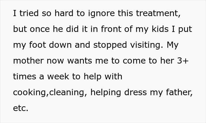 Text about a woman refusing to care for her father after mistreatment, highlighting family tensions and emotional struggle. Text about a woman refusing to care for her father after mistreatment, highlighting family tensions and emotional struggle.