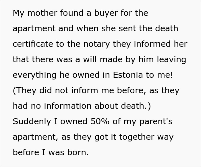 Inheritance news about owning 50% of my parent's apartment in Estonia after discovering a will. Inheritance news about owning 50% of my parent's apartment in Estonia after discovering a will.