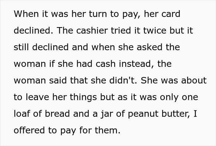 Text recounts a declined card scenario and an offer to pay, leading to a kind gesture snowballing into a charity event. Text recounts a declined card scenario and an offer to pay, leading to a kind gesture snowballing into a charity event.