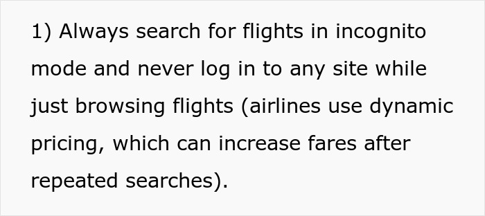 Text advice on affordable flights: Use incognito mode to avoid dynamic pricing when searching for flights. Text advice on affordable flights: Use incognito mode to avoid dynamic pricing when searching for flights.