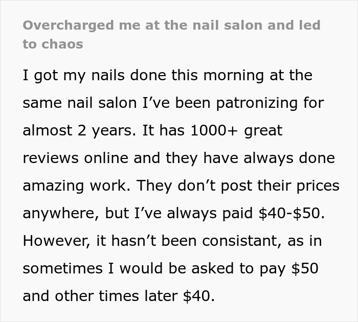 Customer at nail salon discusses price issues, causing chaos; overcharged complaint leads to disruption. Customer at nail salon discusses price issues, causing chaos; overcharged complaint leads to disruption.