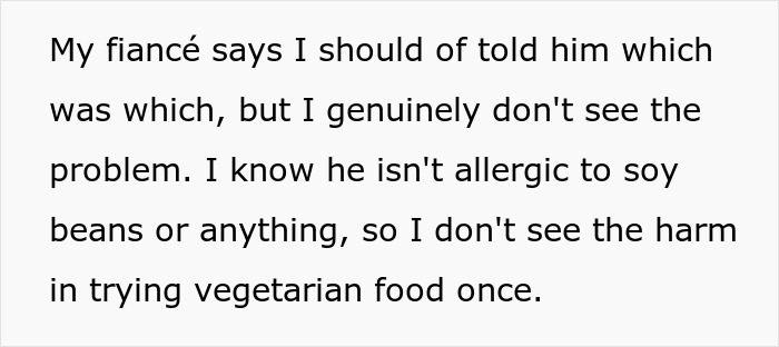 Text describing a fiancée defending serving vegetarian meatballs to her family. Text describing a fiancée defending serving vegetarian meatballs to her family.