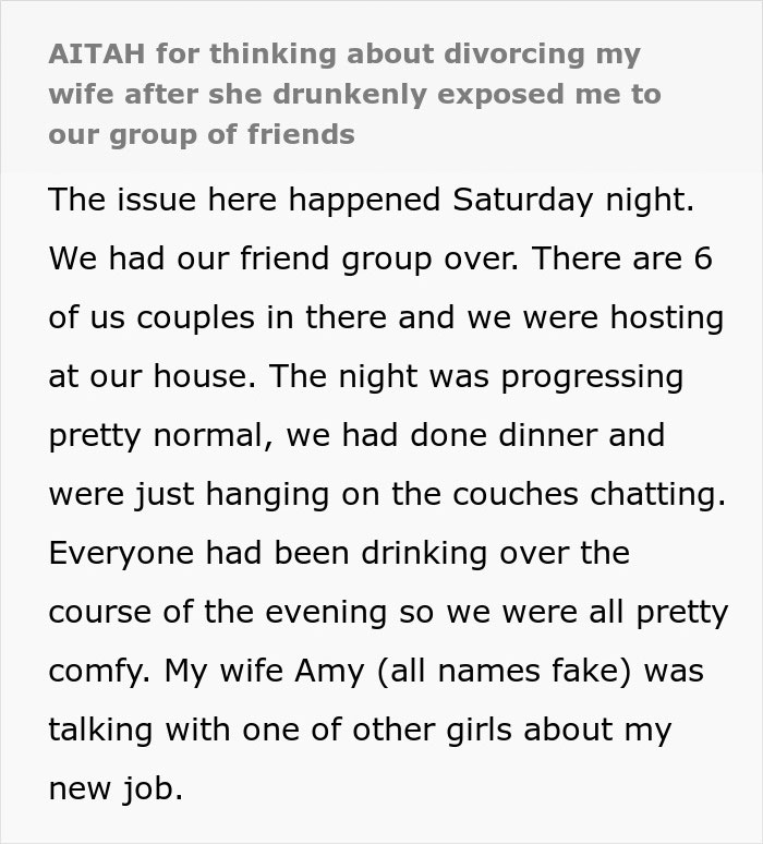 Text recounting a story about considering divorce after a drunken incident at a social gathering. Text recounting a story about considering divorce after a drunken incident at a social gathering.