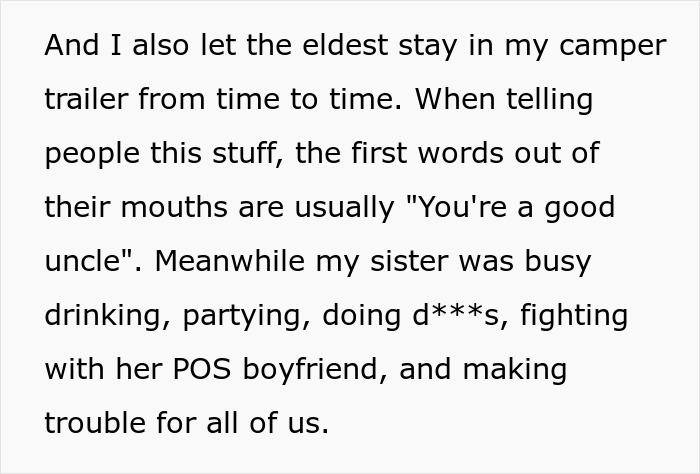 Text message from a man about helping his sister’s kids, mentioning her partying lifestyle. Text message from a man about helping his sister’s kids, mentioning her partying lifestyle.