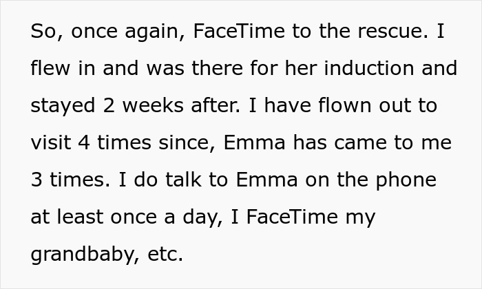 Text discussing Facetime calls and visits between a woman and her daughter with a kid. Text discussing Facetime calls and visits between a woman and her daughter with a kid.
