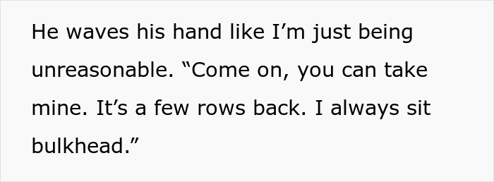 Text excerpt about a passenger demanding a seat, mentioning his "platitude," and flight crew's response. Text excerpt about a passenger demanding a seat, mentioning his "platitude," and flight crew's response.