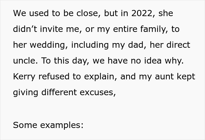 Text discussing a cousin who wasn't invited to a wedding but is asked to pay for a trip. Text discussing a cousin who wasn't invited to a wedding but is asked to pay for a trip.