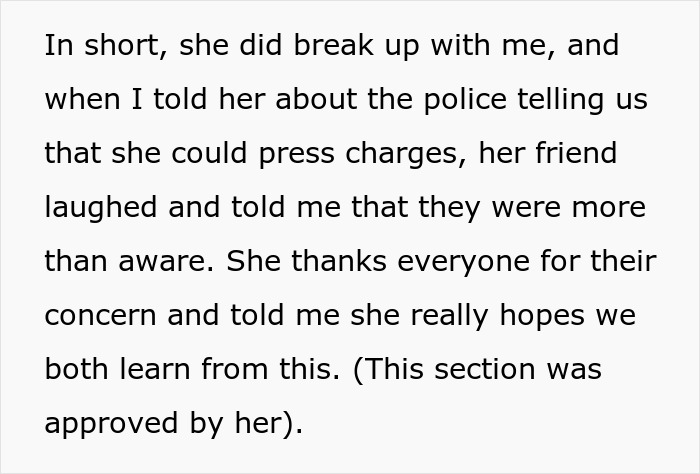 Text message mentioning breakup, police advice, potential charges, and gratitude for concern. Text message mentioning breakup, police advice, potential charges, and gratitude for concern.