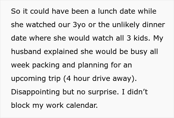 Text detailing a planned anniversary date conflict involving a husband, his mom, and a trip. Text detailing a planned anniversary date conflict involving a husband, his mom, and a trip.