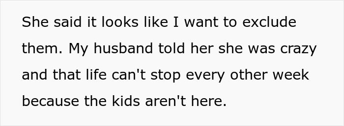 Text about stepmom exclusion and family dynamics involving events without stepchildren. Text about stepmom exclusion and family dynamics involving events without stepchildren.