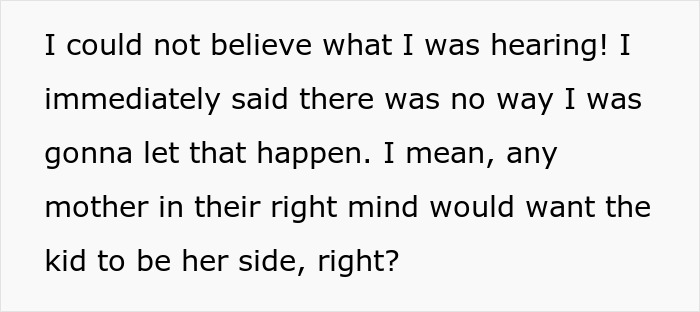Text excerpt reacting to MIL's baby comment; woman expresses disbelief and refusal. Text excerpt reacting to MIL's baby comment; woman expresses disbelief and refusal.