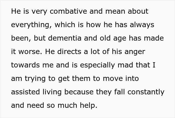 Text describing a father's anger and resistance towards assisted living suggestions due to dementia. Text describing a father's anger and resistance towards assisted living suggestions due to dementia.