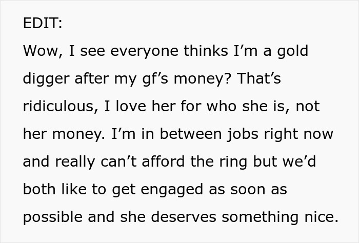 Guy Thinks GF's Money Is His Money, Asks Her To Buy Her Own Engagement Ring, She's Furious Guy Thinks GF's Money Is His Money, Asks Her To Buy Her Own Engagement Ring, She's Furious