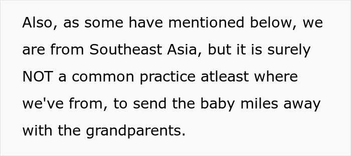 Text discussing cultural norms about sending a baby away with grandparents, highlighting Southeast Asian practices. Text discussing cultural norms about sending a baby away with grandparents, highlighting Southeast Asian practices.